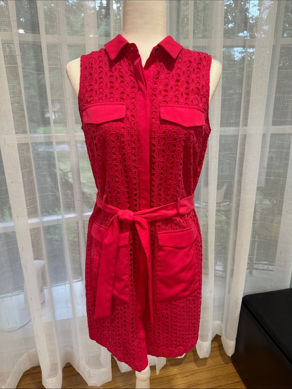 Women’s Sleeveless Bright Pink Lace Shirt Dress with Tie Waist Size 8